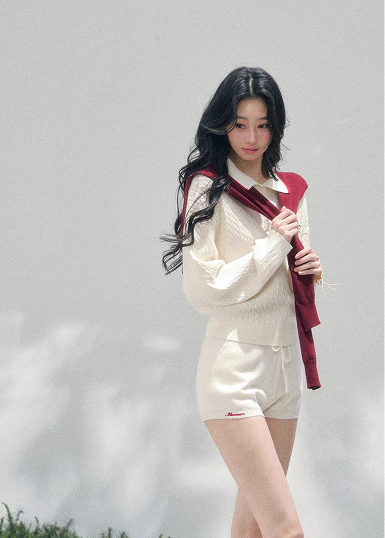 AOMALM collegiate knit set, French romantic spring twinset, Korean elegant two piece outfit, feminine sweater and shorts set, quiet luxury knit ensemble women, Parisian inspired collegiate outfit, romantic Korean French aesthetic clothing, soft feminine spring knitwear, refined casual luxury womenswear, elegant lightweight knit set women, romantic preppy style outfit, feminine Korean fashion twinset, spring luxury knit outfit, delicate layered sweater set, soft luxury womenswear ensemble