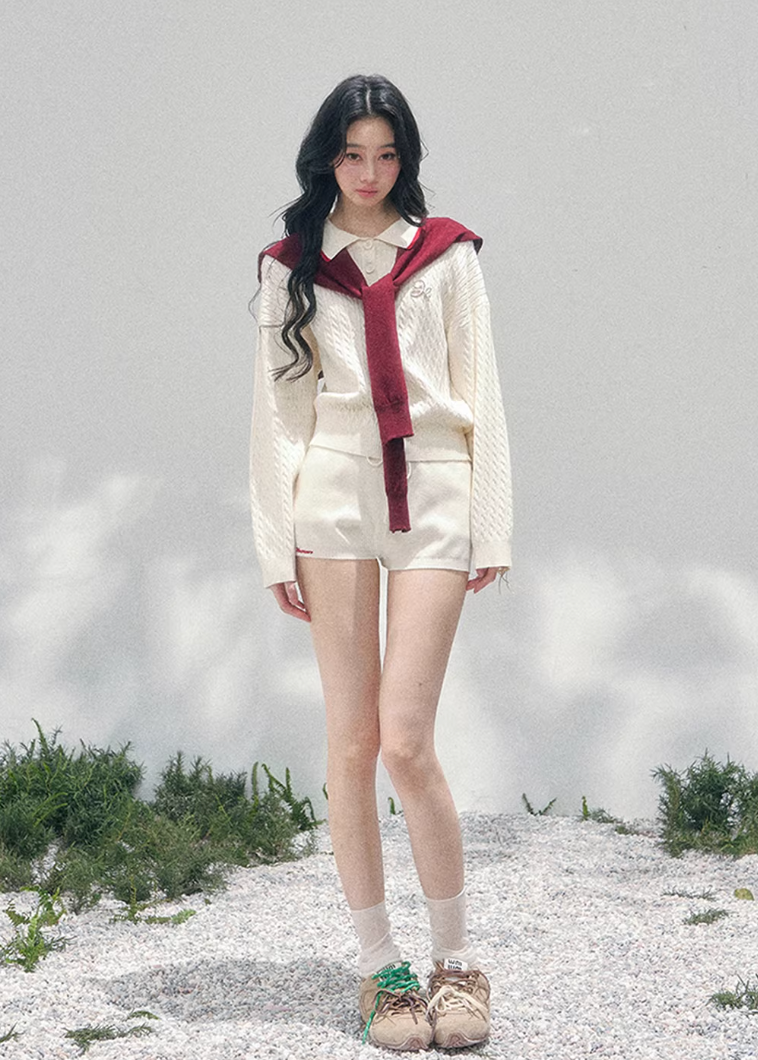 AOMALM collegiate knit set, French romantic spring twinset, Korean elegant two piece outfit, feminine sweater and shorts set, quiet luxury knit ensemble women, Parisian inspired collegiate outfit, romantic Korean French aesthetic clothing, soft feminine spring knitwear, refined casual luxury womenswear, elegant lightweight knit set women, romantic preppy style outfit, feminine Korean fashion twinset, spring luxury knit outfit, delicate layered sweater set, soft luxury womenswear ensemble