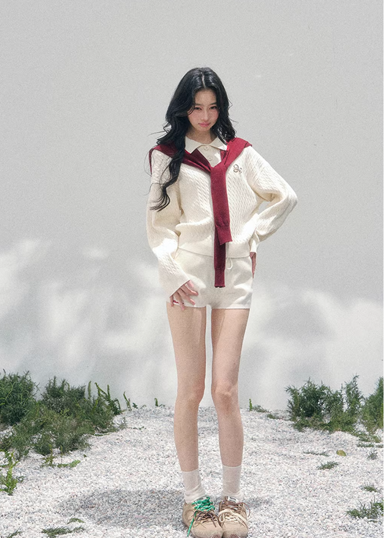 AOMALM collegiate knit set, French romantic spring twinset, Korean elegant two piece outfit, feminine sweater and shorts set, quiet luxury knit ensemble women, Parisian inspired collegiate outfit, romantic Korean French aesthetic clothing, soft feminine spring knitwear, refined casual luxury womenswear, elegant lightweight knit set women, romantic preppy style outfit, feminine Korean fashion twinset, spring luxury knit outfit, delicate layered sweater set, soft luxury womenswear ensemble