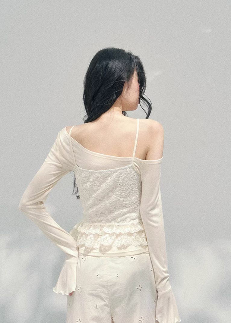 AOMALM lace layered top, French romantic off shoulder blouse, feminine lace spring knit, Korean elegant lace top women, quiet luxury romantic outfit, Parisian inspired lace knitwear, delicate layered lace blouse, romantic Korean French aesthetic clothing, sheer lace feminine top, elegant spring off shoulder knit, soft luxury womenswear blouse, refined feminine layered top, waist flattering lace knitwear, romantic spring fashion women, lightweight lace top long sleeve