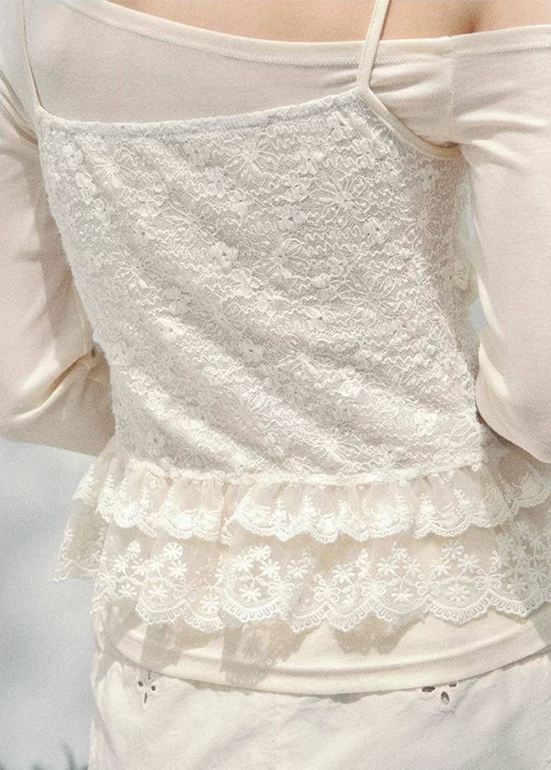 AOMALM lace layered top, French romantic off shoulder blouse, feminine lace spring knit, Korean elegant lace top women, quiet luxury romantic outfit, Parisian inspired lace knitwear, delicate layered lace blouse, romantic Korean French aesthetic clothing, sheer lace feminine top, elegant spring off shoulder knit, soft luxury womenswear blouse, refined feminine layered top, waist flattering lace knitwear, romantic spring fashion women, lightweight lace top long sleeve