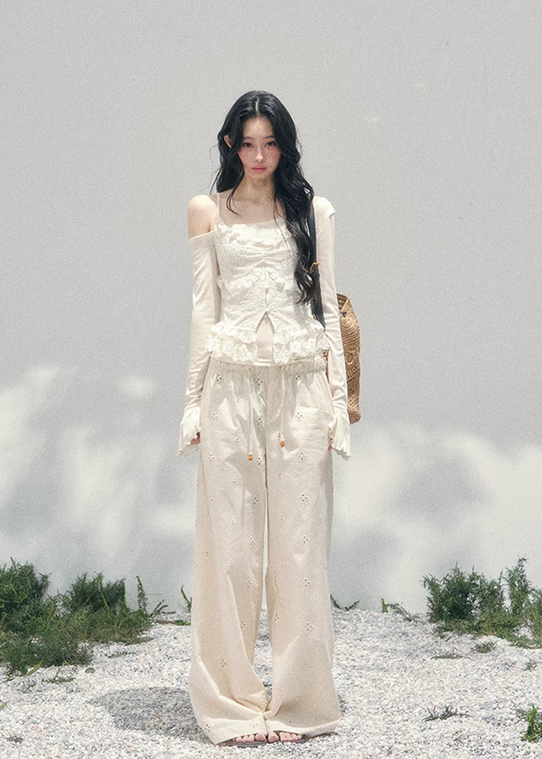 AOMALM lace layered top, French romantic off shoulder blouse, feminine lace spring knit, Korean elegant lace top women, quiet luxury romantic outfit, Parisian inspired lace knitwear, delicate layered lace blouse, romantic Korean French aesthetic clothing, sheer lace feminine top, elegant spring off shoulder knit, soft luxury womenswear blouse, refined feminine layered top, waist flattering lace knitwear, romantic spring fashion women, lightweight lace top long sleeve