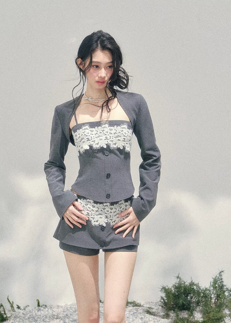 AOMALM lace three piece set, French romantic layered outfit, Korean elegant lace ensemble women, quiet luxury womens spring set, Parisian inspired lace fashion set, feminine layered cardigan outfit, romantic Korean French aesthetic clothing, refined luxury womenswear set, lace camisole three piece outfit, elegant spring twinset women, delicate lace mini outfit, soft feminine luxury fashion, romantic structured womenswear ensemble, lightweight spring lace set, luxury Korean designer inspired outfit