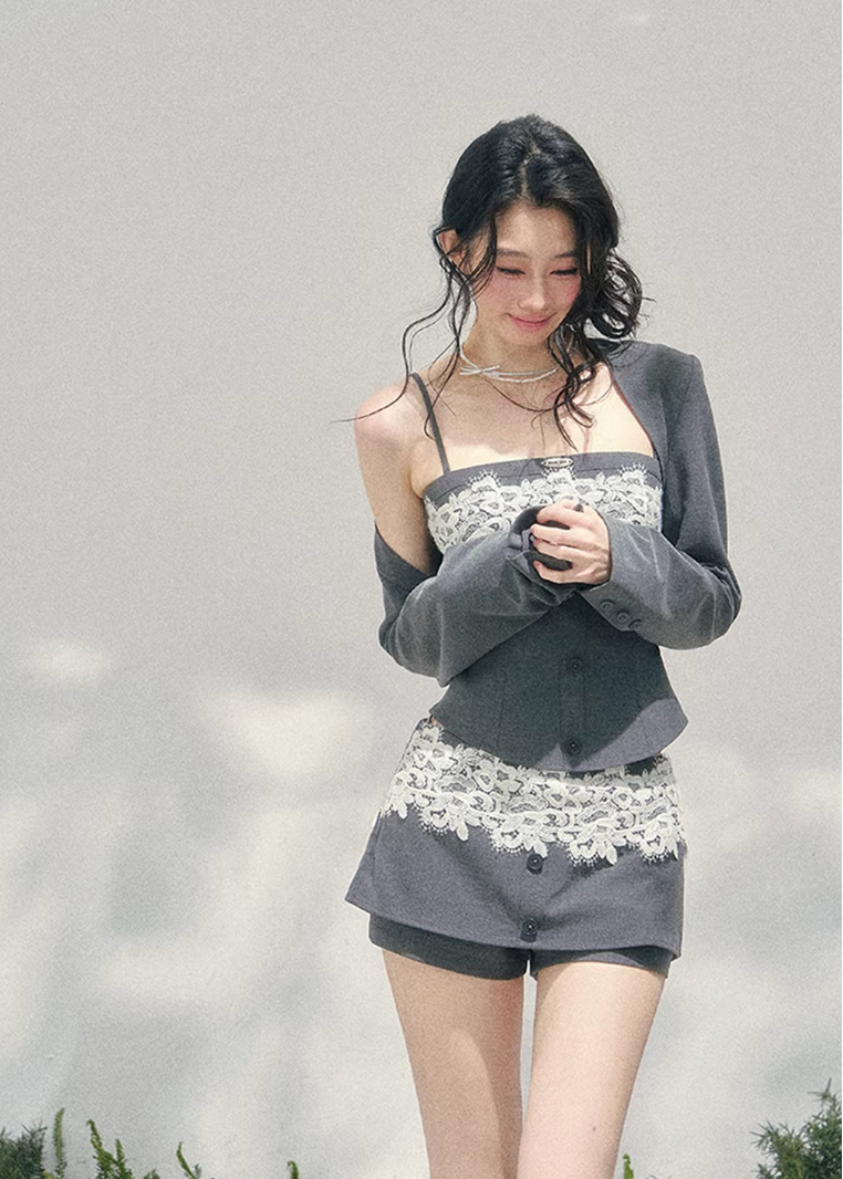 AOMALM lace three piece set, French romantic layered outfit, Korean elegant lace ensemble women, quiet luxury womens spring set, Parisian inspired lace fashion set, feminine layered cardigan outfit, romantic Korean French aesthetic clothing, refined luxury womenswear set, lace camisole three piece outfit, elegant spring twinset women, delicate lace mini outfit, soft feminine luxury fashion, romantic structured womenswear ensemble, lightweight spring lace set, luxury Korean designer inspired outfit