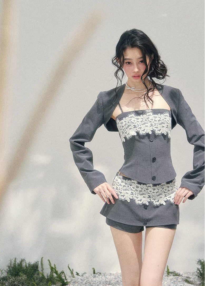 AOMALM lace three piece set, French romantic layered outfit, Korean elegant lace ensemble women, quiet luxury womens spring set, Parisian inspired lace fashion set, feminine layered cardigan outfit, romantic Korean French aesthetic clothing, refined luxury womenswear set, lace camisole three piece outfit, elegant spring twinset women, delicate lace mini outfit, soft feminine luxury fashion, romantic structured womenswear ensemble, lightweight spring lace set, luxury Korean designer inspired outfit