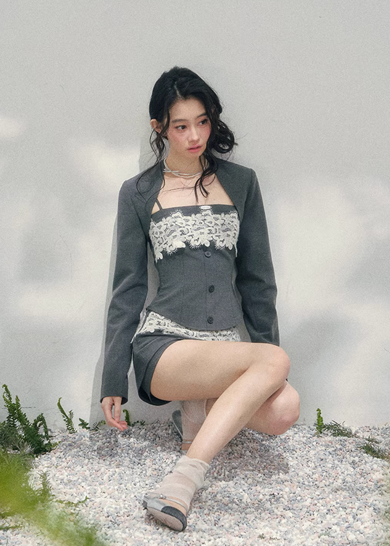 AOMALM lace three piece set, French romantic layered outfit, Korean elegant lace ensemble women, quiet luxury womens spring set, Parisian inspired lace fashion set, feminine layered cardigan outfit, romantic Korean French aesthetic clothing, refined luxury womenswear set, lace camisole three piece outfit, elegant spring twinset women, delicate lace mini outfit, soft feminine luxury fashion, romantic structured womenswear ensemble, lightweight spring lace set, luxury Korean designer inspired outfit