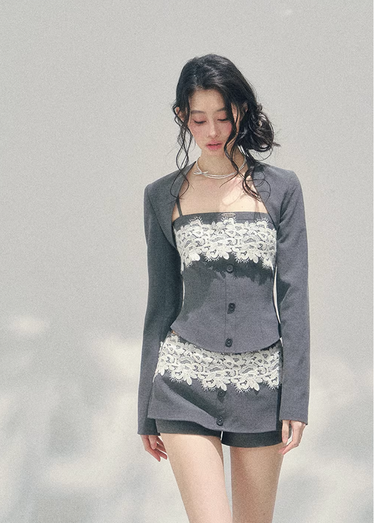 AOMALM lace three piece set, French romantic layered outfit, Korean elegant lace ensemble women, quiet luxury womens spring set, Parisian inspired lace fashion set, feminine layered cardigan outfit, romantic Korean French aesthetic clothing, refined luxury womenswear set, lace camisole three piece outfit, elegant spring twinset women, delicate lace mini outfit, soft feminine luxury fashion, romantic structured womenswear ensemble, lightweight spring lace set, luxury Korean designer inspired outfit