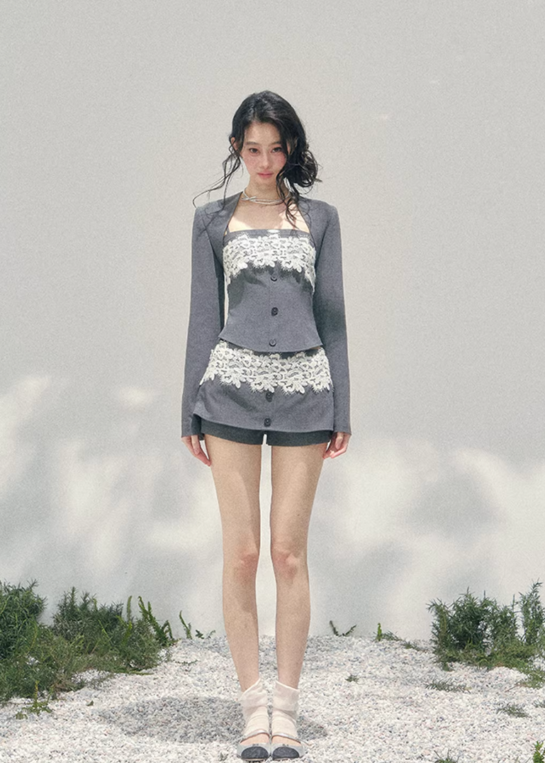 AOMALM lace three piece set, French romantic layered outfit, Korean elegant lace ensemble women, quiet luxury womens spring set, Parisian inspired lace fashion set, feminine layered cardigan outfit, romantic Korean French aesthetic clothing, refined luxury womenswear set, lace camisole three piece outfit, elegant spring twinset women, delicate lace mini outfit, soft feminine luxury fashion, romantic structured womenswear ensemble, lightweight spring lace set, luxury Korean designer inspired outfit