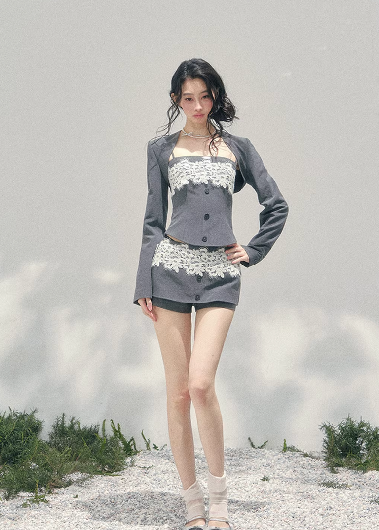 AOMALM lace three piece set, French romantic layered outfit, Korean elegant lace ensemble women, quiet luxury womens spring set, Parisian inspired lace fashion set, feminine layered cardigan outfit, romantic Korean French aesthetic clothing, refined luxury womenswear set, lace camisole three piece outfit, elegant spring twinset women, delicate lace mini outfit, soft feminine luxury fashion, romantic structured womenswear ensemble, lightweight spring lace set, luxury Korean designer inspired outfit