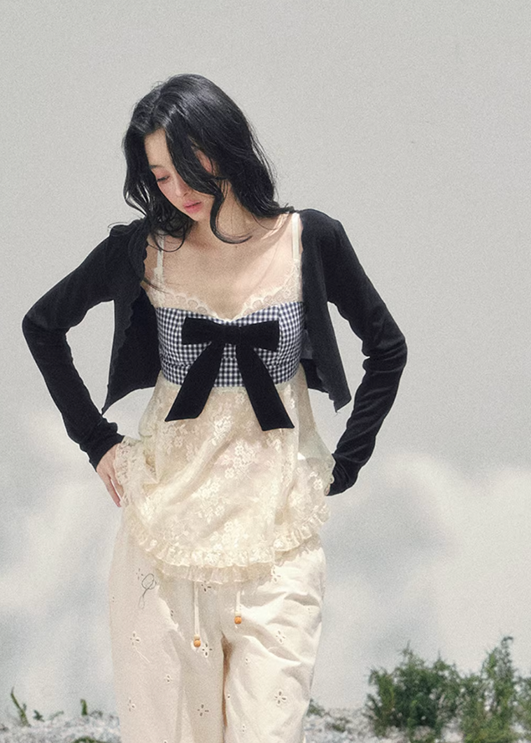 AOMALM bow lace top, French romantic plaid blouse, feminine lace layered knitwear, Korean elegant spring top women, quiet luxury romantic outfit, Parisian inspired lace bow blouse, delicate plaid lace camisole top, romantic Korean French aesthetic clothing, soft feminine spring knit, elegant ribbon detail blouse, refined luxury womenswear top, lightweight lace layered shirt, romantic spring fashion women, feminine Korean designer inspired blouse, delicate bow lace knit top