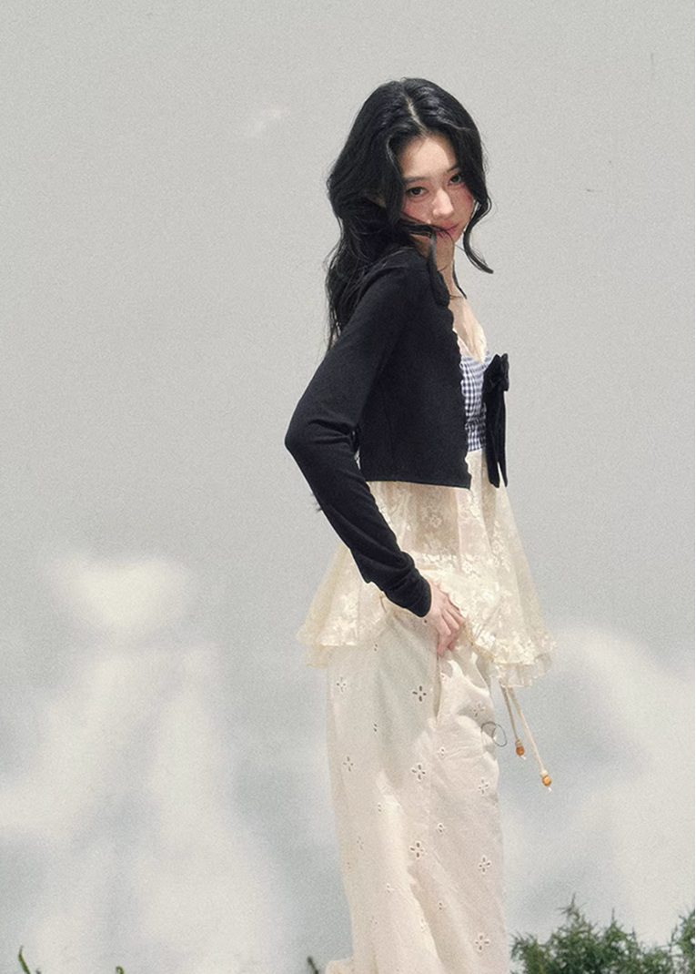 AOMALM bow lace top, French romantic plaid blouse, feminine lace layered knitwear, Korean elegant spring top women, quiet luxury romantic outfit, Parisian inspired lace bow blouse, delicate plaid lace camisole top, romantic Korean French aesthetic clothing, soft feminine spring knit, elegant ribbon detail blouse, refined luxury womenswear top, lightweight lace layered shirt, romantic spring fashion women, feminine Korean designer inspired blouse, delicate bow lace knit top