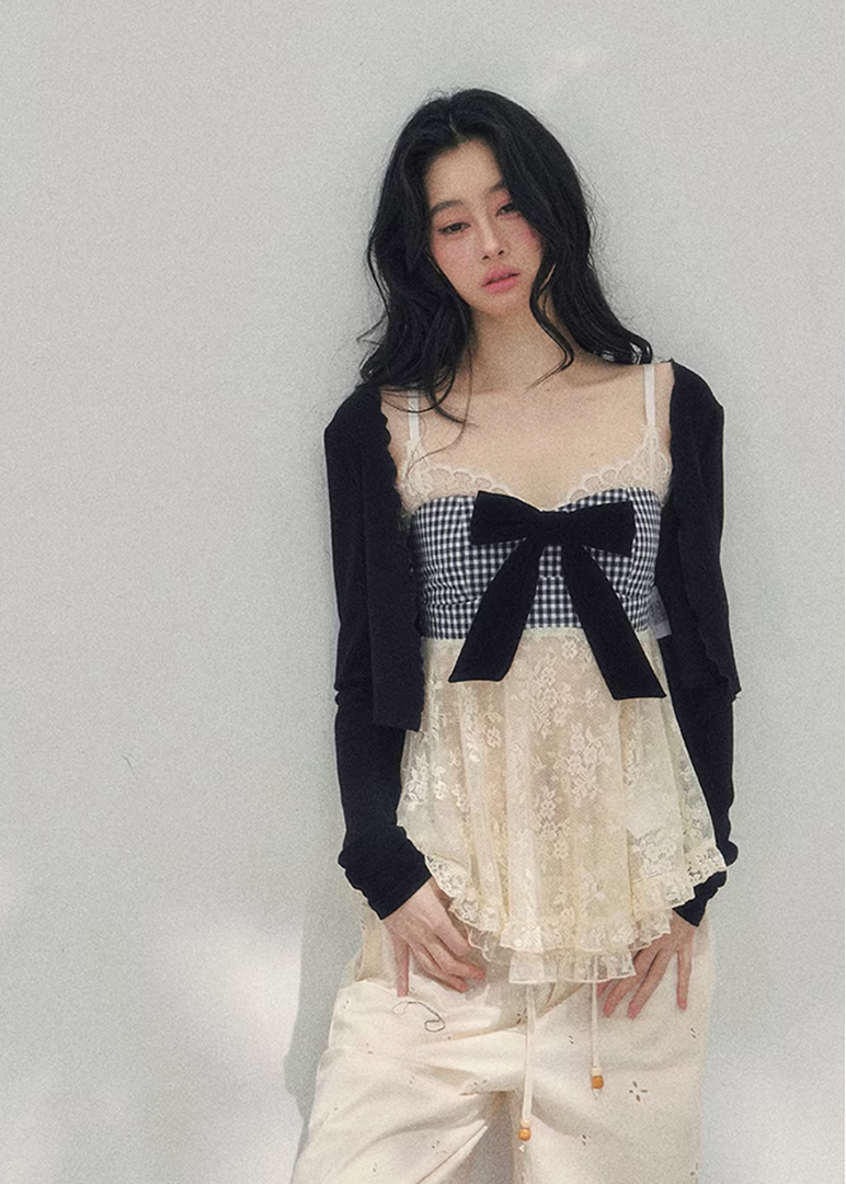 AOMALM bow lace top, French romantic plaid blouse, feminine lace layered knitwear, Korean elegant spring top women, quiet luxury romantic outfit, Parisian inspired lace bow blouse, delicate plaid lace camisole top, romantic Korean French aesthetic clothing, soft feminine spring knit, elegant ribbon detail blouse, refined luxury womenswear top, lightweight lace layered shirt, romantic spring fashion women, feminine Korean designer inspired blouse, delicate bow lace knit top