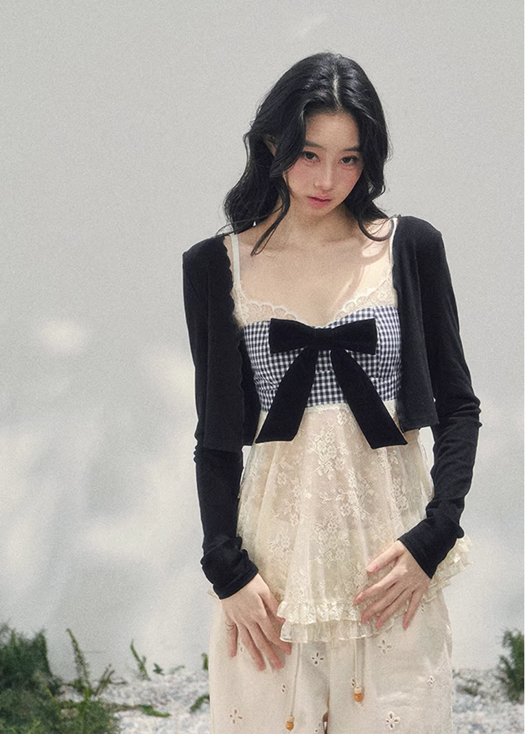 AOMALM bow lace top, French romantic plaid blouse, feminine lace layered knitwear, Korean elegant spring top women, quiet luxury romantic outfit, Parisian inspired lace bow blouse, delicate plaid lace camisole top, romantic Korean French aesthetic clothing, soft feminine spring knit, elegant ribbon detail blouse, refined luxury womenswear top, lightweight lace layered shirt, romantic spring fashion women, feminine Korean designer inspired blouse, delicate bow lace knit top