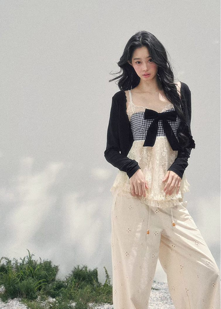 AOMALM bow lace top, French romantic plaid blouse, feminine lace layered knitwear, Korean elegant spring top women, quiet luxury romantic outfit, Parisian inspired lace bow blouse, delicate plaid lace camisole top, romantic Korean French aesthetic clothing, soft feminine spring knit, elegant ribbon detail blouse, refined luxury womenswear top, lightweight lace layered shirt, romantic spring fashion women, feminine Korean designer inspired blouse, delicate bow lace knit top