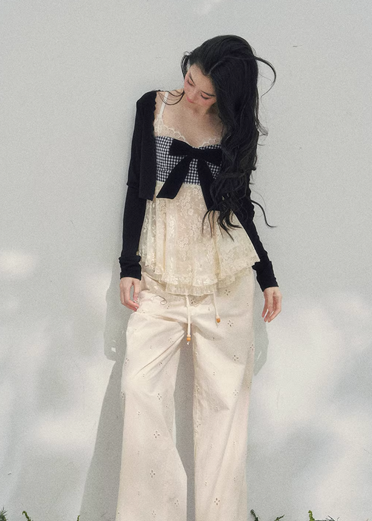 AOMALM bow lace top, French romantic plaid blouse, feminine lace layered knitwear, Korean elegant spring top women, quiet luxury romantic outfit, Parisian inspired lace bow blouse, delicate plaid lace camisole top, romantic Korean French aesthetic clothing, soft feminine spring knit, elegant ribbon detail blouse, refined luxury womenswear top, lightweight lace layered shirt, romantic spring fashion women, feminine Korean designer inspired blouse, delicate bow lace knit top