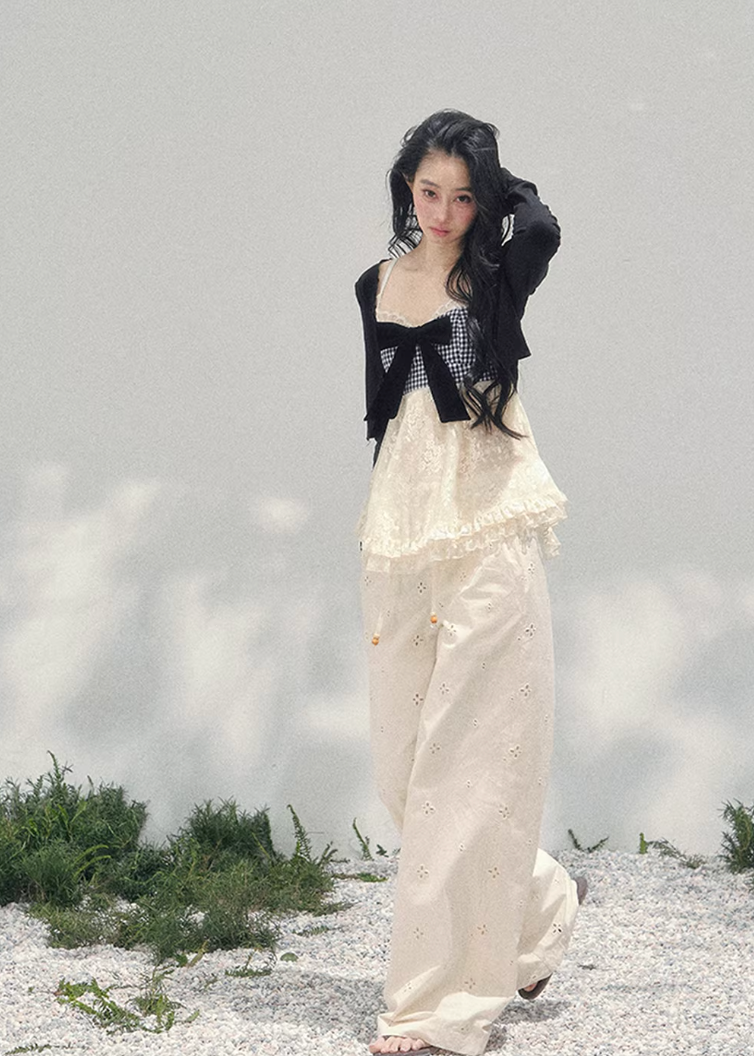 AOMALM bow lace top, French romantic plaid blouse, feminine lace layered knitwear, Korean elegant spring top women, quiet luxury romantic outfit, Parisian inspired lace bow blouse, delicate plaid lace camisole top, romantic Korean French aesthetic clothing, soft feminine spring knit, elegant ribbon detail blouse, refined luxury womenswear top, lightweight lace layered shirt, romantic spring fashion women, feminine Korean designer inspired blouse, delicate bow lace knit top
