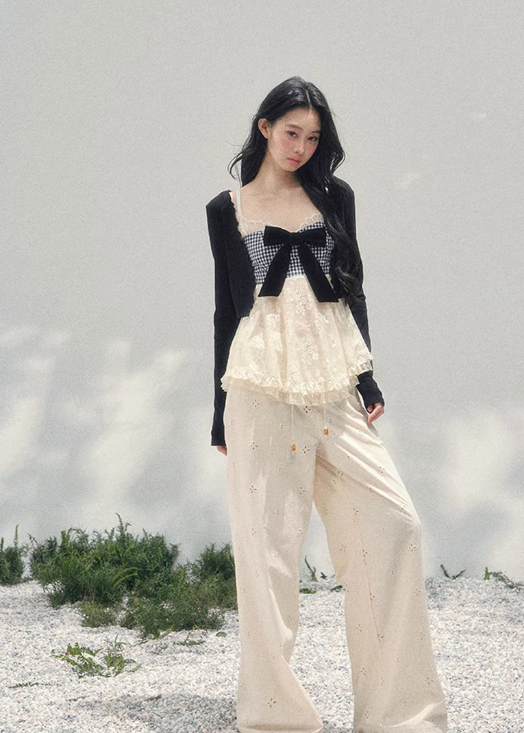AOMALM bow lace top, French romantic plaid blouse, feminine lace layered knitwear, Korean elegant spring top women, quiet luxury romantic outfit, Parisian inspired lace bow blouse, delicate plaid lace camisole top, romantic Korean French aesthetic clothing, soft feminine spring knit, elegant ribbon detail blouse, refined luxury womenswear top, lightweight lace layered shirt, romantic spring fashion women, feminine Korean designer inspired blouse, delicate bow lace knit top
