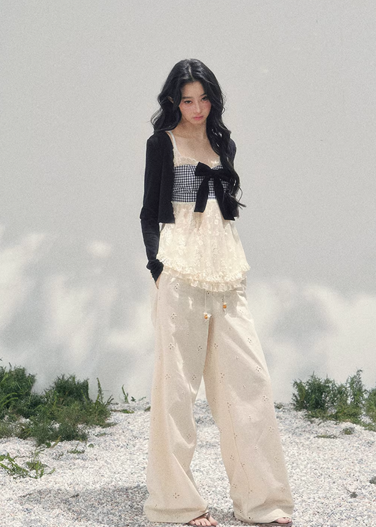 AOMALM bow lace top, French romantic plaid blouse, feminine lace layered knitwear, Korean elegant spring top women, quiet luxury romantic outfit, Parisian inspired lace bow blouse, delicate plaid lace camisole top, romantic Korean French aesthetic clothing, soft feminine spring knit, elegant ribbon detail blouse, refined luxury womenswear top, lightweight lace layered shirt, romantic spring fashion women, feminine Korean designer inspired blouse, delicate bow lace knit top