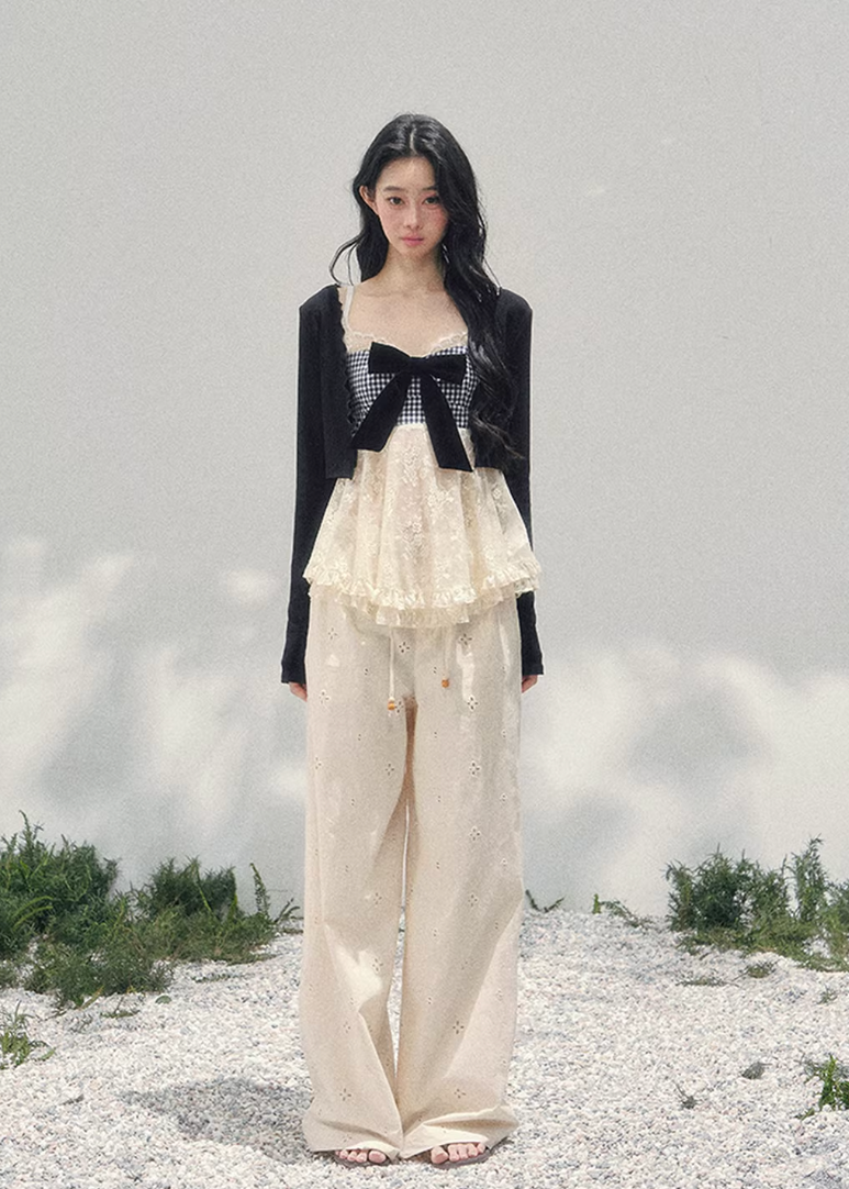 AOMALM bow lace top, French romantic plaid blouse, feminine lace layered knitwear, Korean elegant spring top women, quiet luxury romantic outfit, Parisian inspired lace bow blouse, delicate plaid lace camisole top, romantic Korean French aesthetic clothing, soft feminine spring knit, elegant ribbon detail blouse, refined luxury womenswear top, lightweight lace layered shirt, romantic spring fashion women, feminine Korean designer inspired blouse, delicate bow lace knit top