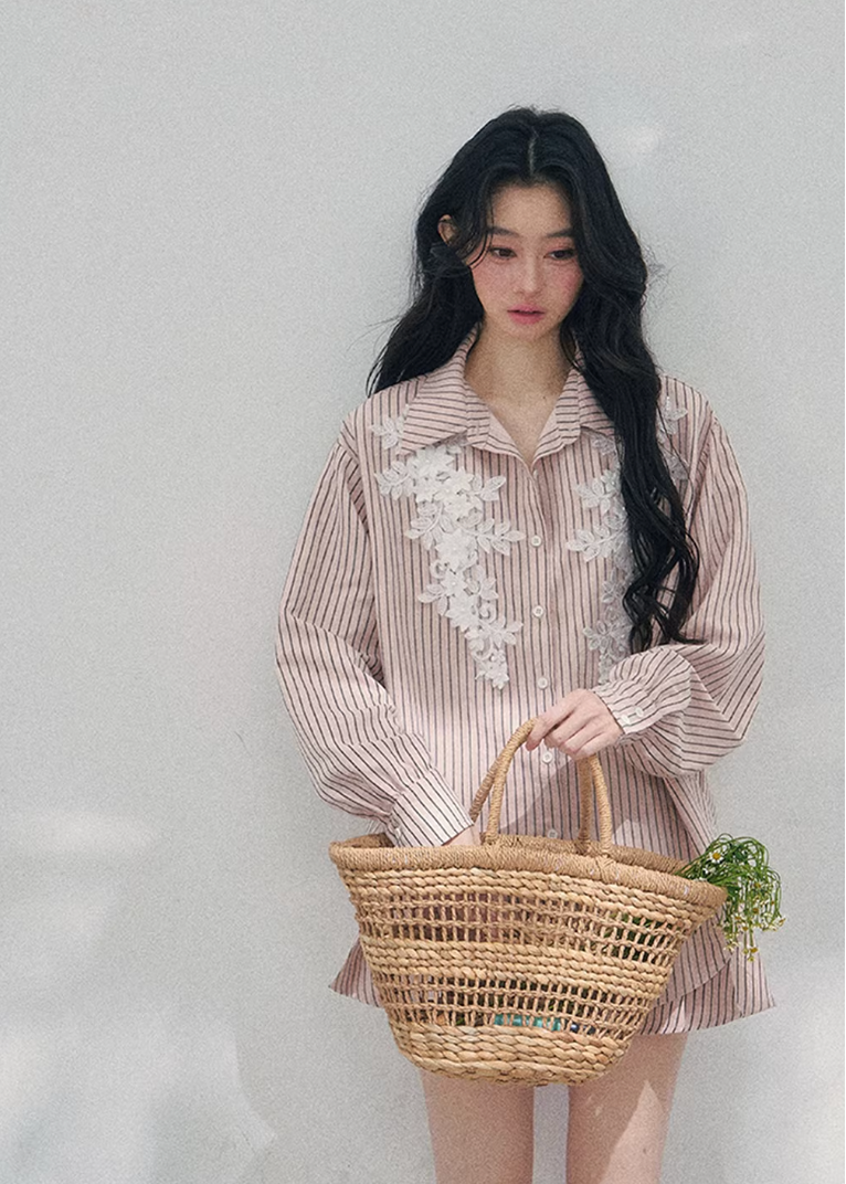 AOMALM striped lace shirt set, French romantic spring outfit, feminine lace stripe blouse women, Korean elegant two piece set, quiet luxury pink twinset, Parisian inspired lace shirt skirt, romantic Korean French aesthetic clothing, soft feminine spring ensemble, delicate lace striped blouse, elegant lightweight spring outfit women, refined luxury womenswear set, romantic pastel shirt skirt outfit, feminine Korean designer inspired clothing, lace detail striped shirt women, luxury spring twinset fashion