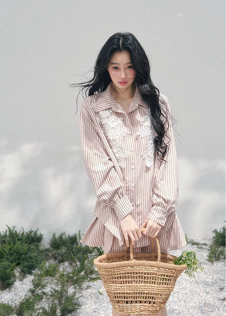 AOMALM striped lace shirt set, French romantic spring outfit, feminine lace stripe blouse women, Korean elegant two piece set, quiet luxury pink twinset, Parisian inspired lace shirt skirt, romantic Korean French aesthetic clothing, soft feminine spring ensemble, delicate lace striped blouse, elegant lightweight spring outfit women, refined luxury womenswear set, romantic pastel shirt skirt outfit, feminine Korean designer inspired clothing, lace detail striped shirt women, luxury spring twinset fashion