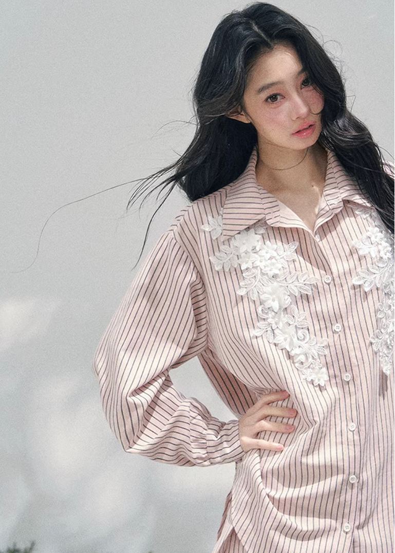 AOMALM striped lace shirt set, French romantic spring outfit, feminine lace stripe blouse women, Korean elegant two piece set, quiet luxury pink twinset, Parisian inspired lace shirt skirt, romantic Korean French aesthetic clothing, soft feminine spring ensemble, delicate lace striped blouse, elegant lightweight spring outfit women, refined luxury womenswear set, romantic pastel shirt skirt outfit, feminine Korean designer inspired clothing, lace detail striped shirt women, luxury spring twinset fashion