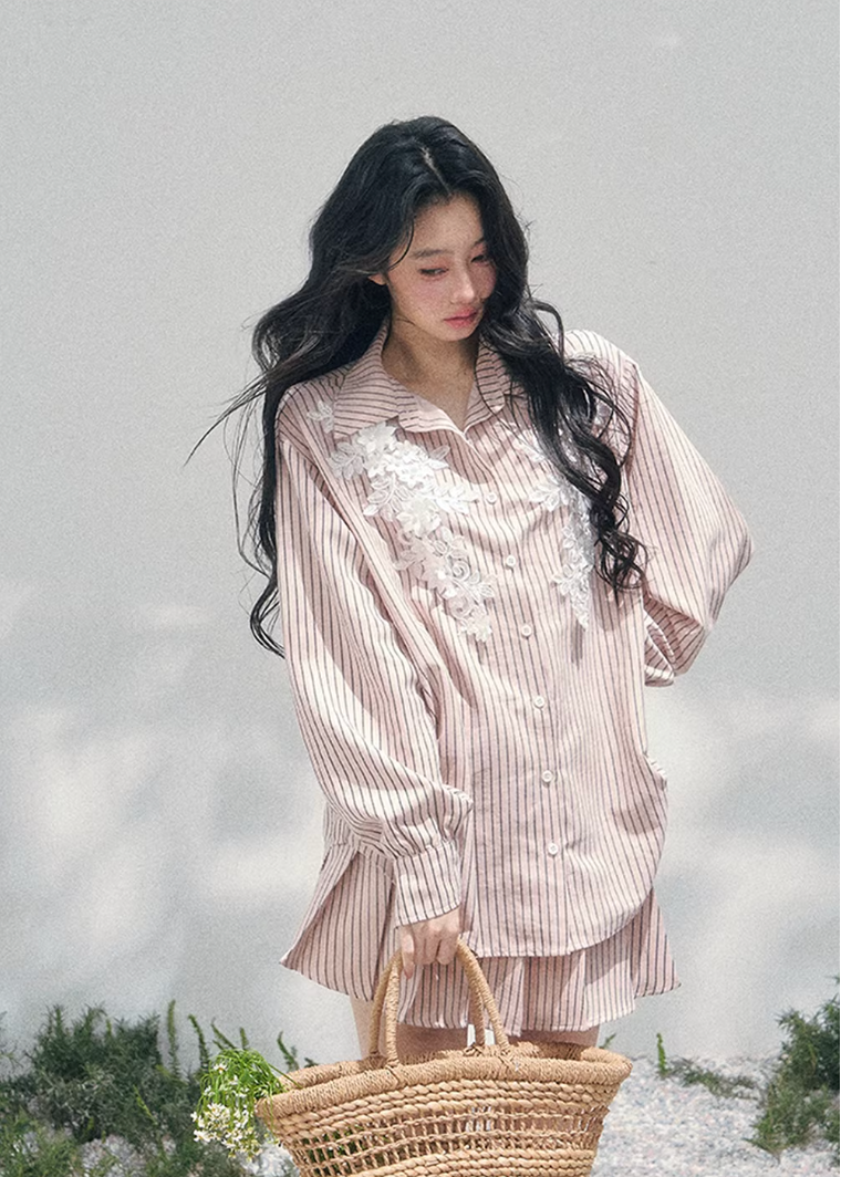AOMALM striped lace shirt set, French romantic spring outfit, feminine lace stripe blouse women, Korean elegant two piece set, quiet luxury pink twinset, Parisian inspired lace shirt skirt, romantic Korean French aesthetic clothing, soft feminine spring ensemble, delicate lace striped blouse, elegant lightweight spring outfit women, refined luxury womenswear set, romantic pastel shirt skirt outfit, feminine Korean designer inspired clothing, lace detail striped shirt women, luxury spring twinset fashion