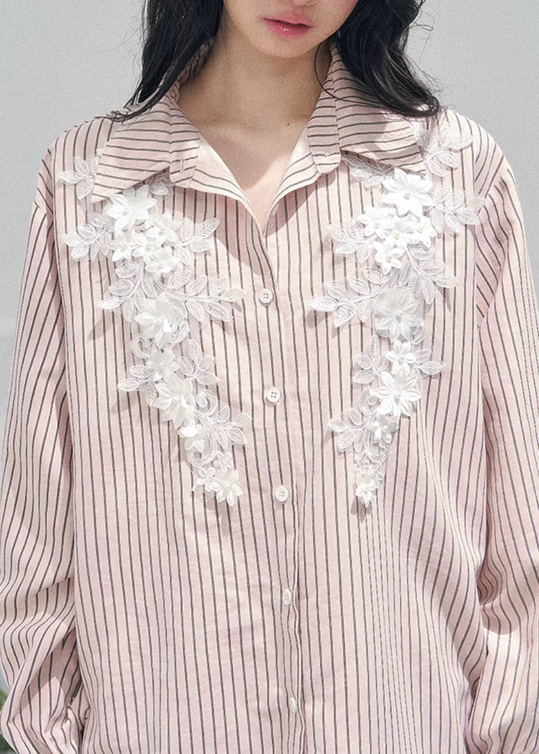 AOMALM striped lace shirt set, French romantic spring outfit, feminine lace stripe blouse women, Korean elegant two piece set, quiet luxury pink twinset, Parisian inspired lace shirt skirt, romantic Korean French aesthetic clothing, soft feminine spring ensemble, delicate lace striped blouse, elegant lightweight spring outfit women, refined luxury womenswear set, romantic pastel shirt skirt outfit, feminine Korean designer inspired clothing, lace detail striped shirt women, luxury spring twinset fashion