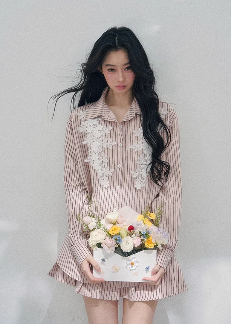 AOMALM striped lace shirt set, French romantic spring outfit, feminine lace stripe blouse women, Korean elegant two piece set, quiet luxury pink twinset, Parisian inspired lace shirt skirt, romantic Korean French aesthetic clothing, soft feminine spring ensemble, delicate lace striped blouse, elegant lightweight spring outfit women, refined luxury womenswear set, romantic pastel shirt skirt outfit, feminine Korean designer inspired clothing, lace detail striped shirt women, luxury spring twinset fashion