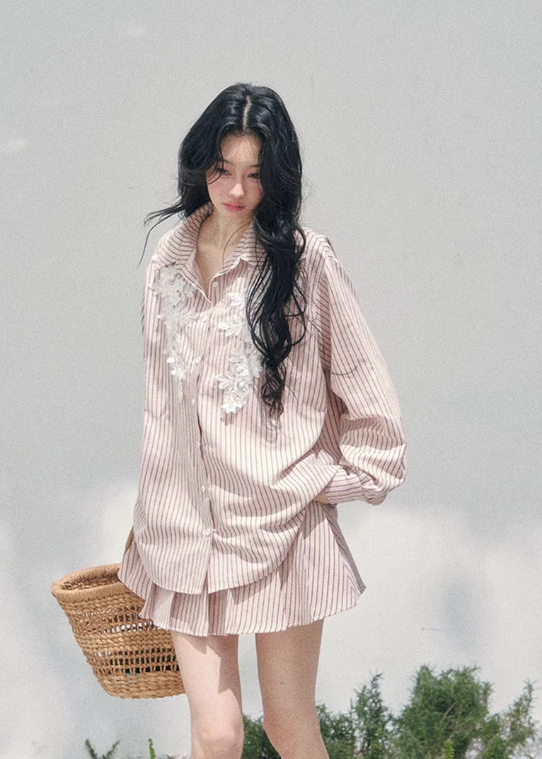 AOMALM striped lace shirt set, French romantic spring outfit, feminine lace stripe blouse women, Korean elegant two piece set, quiet luxury pink twinset, Parisian inspired lace shirt skirt, romantic Korean French aesthetic clothing, soft feminine spring ensemble, delicate lace striped blouse, elegant lightweight spring outfit women, refined luxury womenswear set, romantic pastel shirt skirt outfit, feminine Korean designer inspired clothing, lace detail striped shirt women, luxury spring twinset fashion