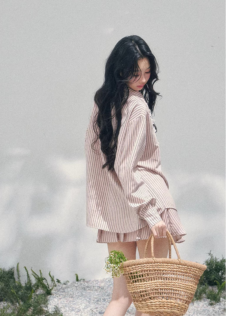 AOMALM striped lace shirt set, French romantic spring outfit, feminine lace stripe blouse women, Korean elegant two piece set, quiet luxury pink twinset, Parisian inspired lace shirt skirt, romantic Korean French aesthetic clothing, soft feminine spring ensemble, delicate lace striped blouse, elegant lightweight spring outfit women, refined luxury womenswear set, romantic pastel shirt skirt outfit, feminine Korean designer inspired clothing, lace detail striped shirt women, luxury spring twinset fashion