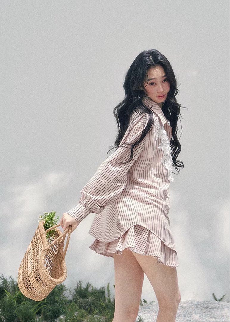 AOMALM striped lace shirt set, French romantic spring outfit, feminine lace stripe blouse women, Korean elegant two piece set, quiet luxury pink twinset, Parisian inspired lace shirt skirt, romantic Korean French aesthetic clothing, soft feminine spring ensemble, delicate lace striped blouse, elegant lightweight spring outfit women, refined luxury womenswear set, romantic pastel shirt skirt outfit, feminine Korean designer inspired clothing, lace detail striped shirt women, luxury spring twinset fashion