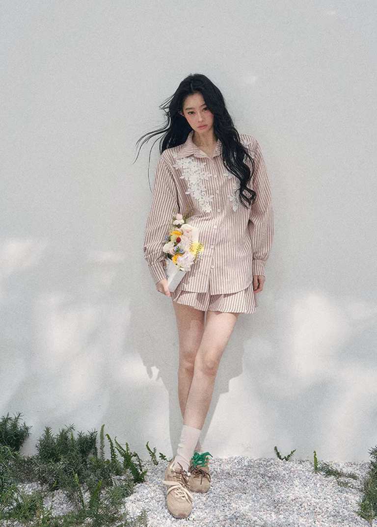 AOMALM striped lace shirt set, French romantic spring outfit, feminine lace stripe blouse women, Korean elegant two piece set, quiet luxury pink twinset, Parisian inspired lace shirt skirt, romantic Korean French aesthetic clothing, soft feminine spring ensemble, delicate lace striped blouse, elegant lightweight spring outfit women, refined luxury womenswear set, romantic pastel shirt skirt outfit, feminine Korean designer inspired clothing, lace detail striped shirt women, luxury spring twinset fashion