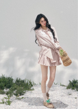 AOMALM striped lace shirt set, French romantic spring outfit, feminine lace stripe blouse women, Korean elegant two piece set, quiet luxury pink twinset, Parisian inspired lace shirt skirt, romantic Korean French aesthetic clothing, soft feminine spring ensemble, delicate lace striped blouse, elegant lightweight spring outfit women, refined luxury womenswear set, romantic pastel shirt skirt outfit, feminine Korean designer inspired clothing, lace detail striped shirt women, luxury spring twinset fashion