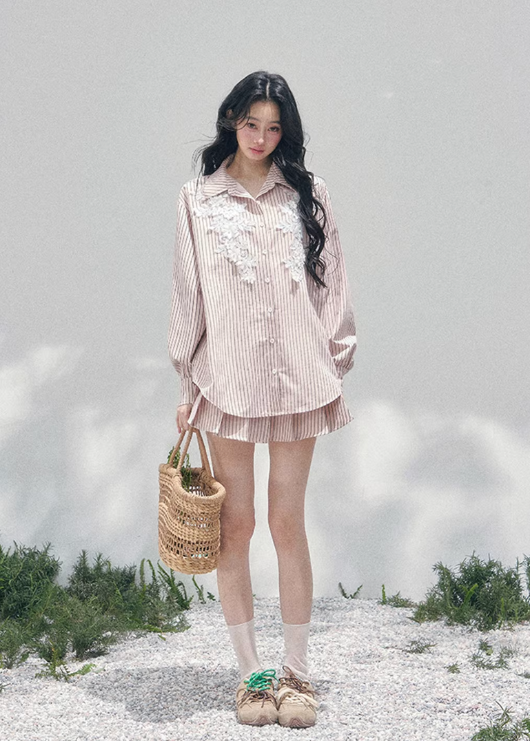 AOMALM striped lace shirt set, French romantic spring outfit, feminine lace stripe blouse women, Korean elegant two piece set, quiet luxury pink twinset, Parisian inspired lace shirt skirt, romantic Korean French aesthetic clothing, soft feminine spring ensemble, delicate lace striped blouse, elegant lightweight spring outfit women, refined luxury womenswear set, romantic pastel shirt skirt outfit, feminine Korean designer inspired clothing, lace detail striped shirt women, luxury spring twinset fashion