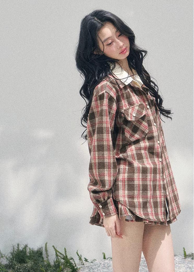 AOMALM plaid shirt skirt set, French romantic British style outfit, feminine plaid twinset women, Korean elegant spring two piece set, quiet luxury vintage plaid ensemble, Parisian inspired plaid shirt outfit, romantic Korean French aesthetic clothing, cafe tone plaid outfit women, refined luxury womenswear twinset, feminine British style check skirt set, elegant spring plaid fashion, soft romantic plaid shirt women, luxury Korean designer inspired outfit, vintage romantic spring ensemble