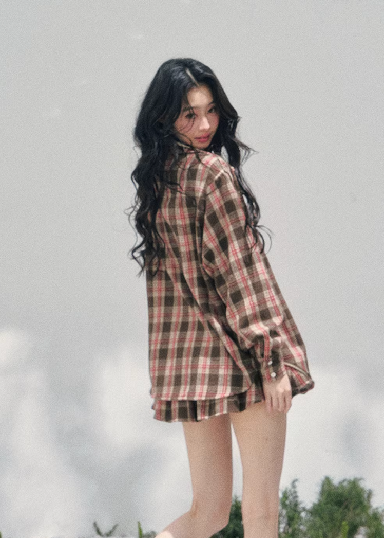 AOMALM plaid shirt skirt set, French romantic British style outfit, feminine plaid twinset women, Korean elegant spring two piece set, quiet luxury vintage plaid ensemble, Parisian inspired plaid shirt outfit, romantic Korean French aesthetic clothing, cafe tone plaid outfit women, refined luxury womenswear twinset, feminine British style check skirt set, elegant spring plaid fashion, soft romantic plaid shirt women, luxury Korean designer inspired outfit, vintage romantic spring ensemble