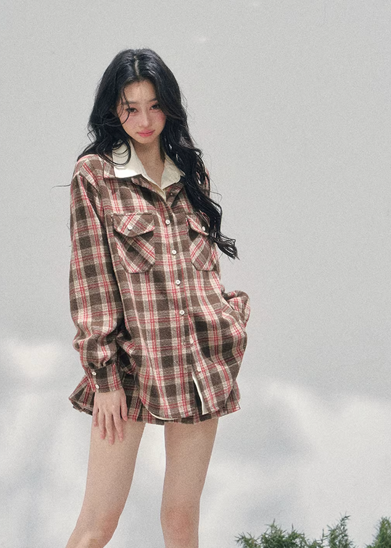 AOMALM plaid shirt skirt set, French romantic British style outfit, feminine plaid twinset women, Korean elegant spring two piece set, quiet luxury vintage plaid ensemble, Parisian inspired plaid shirt outfit, romantic Korean French aesthetic clothing, cafe tone plaid outfit women, refined luxury womenswear twinset, feminine British style check skirt set, elegant spring plaid fashion, soft romantic plaid shirt women, luxury Korean designer inspired outfit, vintage romantic spring ensemble