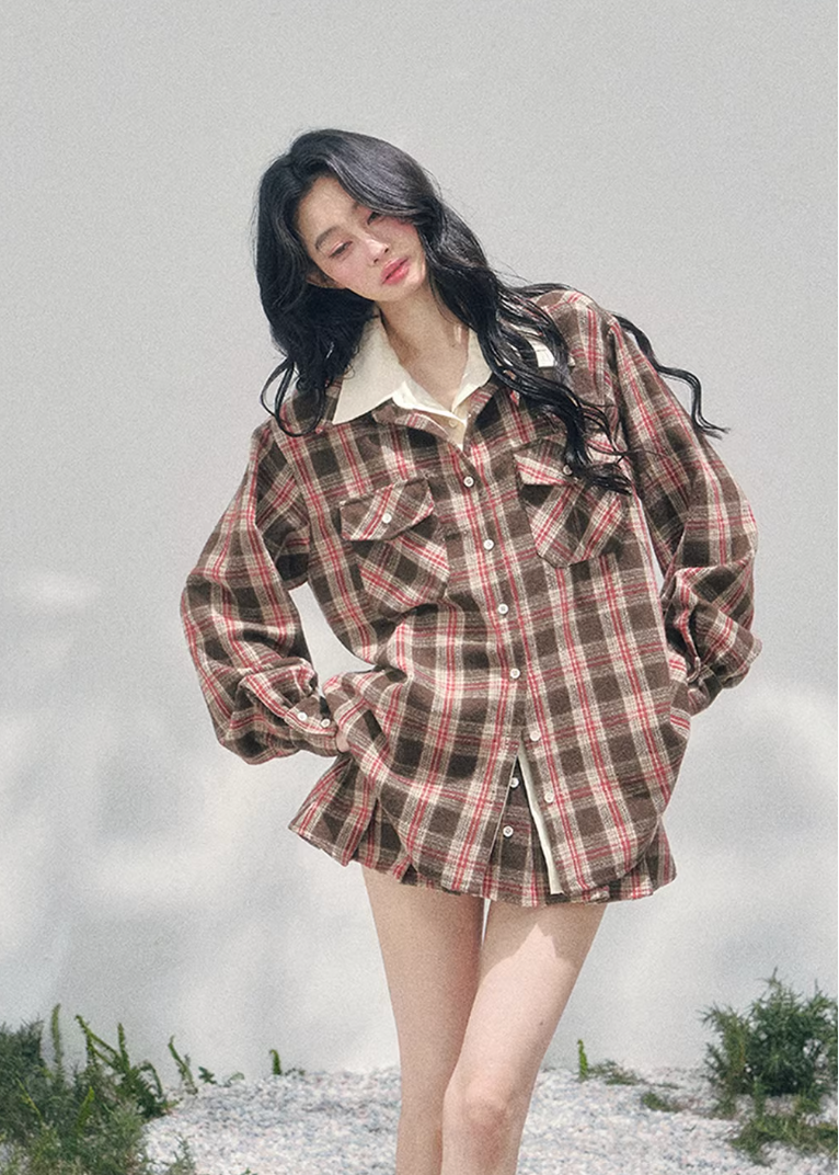 AOMALM plaid shirt skirt set, French romantic British style outfit, feminine plaid twinset women, Korean elegant spring two piece set, quiet luxury vintage plaid ensemble, Parisian inspired plaid shirt outfit, romantic Korean French aesthetic clothing, cafe tone plaid outfit women, refined luxury womenswear twinset, feminine British style check skirt set, elegant spring plaid fashion, soft romantic plaid shirt women, luxury Korean designer inspired outfit, vintage romantic spring ensemble