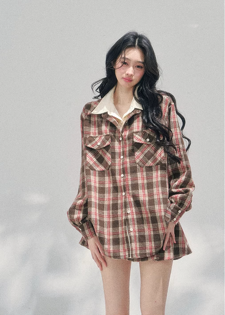 AOMALM plaid shirt skirt set, French romantic British style outfit, feminine plaid twinset women, Korean elegant spring two piece set, quiet luxury vintage plaid ensemble, Parisian inspired plaid shirt outfit, romantic Korean French aesthetic clothing, cafe tone plaid outfit women, refined luxury womenswear twinset, feminine British style check skirt set, elegant spring plaid fashion, soft romantic plaid shirt women, luxury Korean designer inspired outfit, vintage romantic spring ensemble