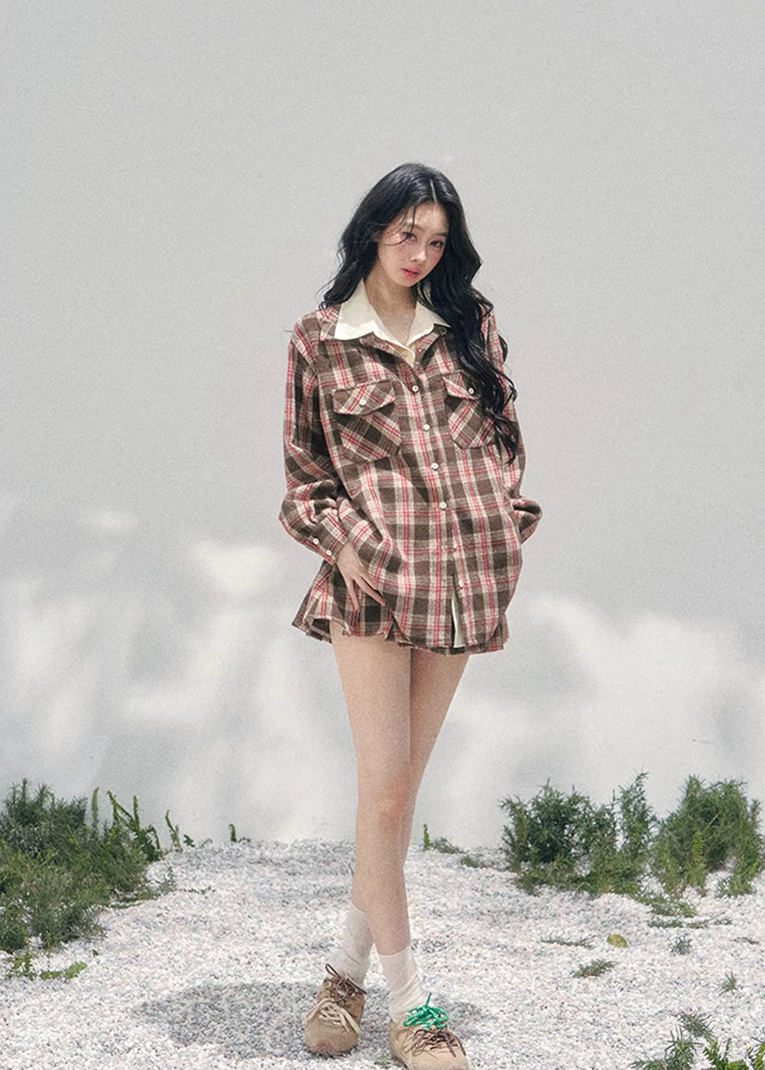 AOMALM plaid shirt skirt set, French romantic British style outfit, feminine plaid twinset women, Korean elegant spring two piece set, quiet luxury vintage plaid ensemble, Parisian inspired plaid shirt outfit, romantic Korean French aesthetic clothing, cafe tone plaid outfit women, refined luxury womenswear twinset, feminine British style check skirt set, elegant spring plaid fashion, soft romantic plaid shirt women, luxury Korean designer inspired outfit, vintage romantic spring ensemble