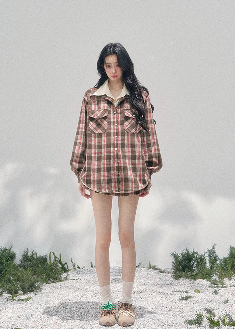 AOMALM plaid shirt skirt set, French romantic British style outfit, feminine plaid twinset women, Korean elegant spring two piece set, quiet luxury vintage plaid ensemble, Parisian inspired plaid shirt outfit, romantic Korean French aesthetic clothing, cafe tone plaid outfit women, refined luxury womenswear twinset, feminine British style check skirt set, elegant spring plaid fashion, soft romantic plaid shirt women, luxury Korean designer inspired outfit, vintage romantic spring ensemble