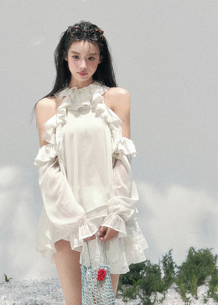 AOMALM sheer ruffle blouse, French romantic spring top, feminine off shoulder chiffon blouse, Korean elegant sheer shirt women, quiet luxury romantic outfit, Parisian inspired ruffle blouse, delicate fungus edge blouse women, romantic Korean French aesthetic clothing, lightweight spring sheer top, soft feminine translucent blouse, elegant airy chiffon shirt women, refined luxury womenswear blouse, romantic flowy spring fashion, delicate feminine long sleeve blouse, luxury Korean designer inspired top