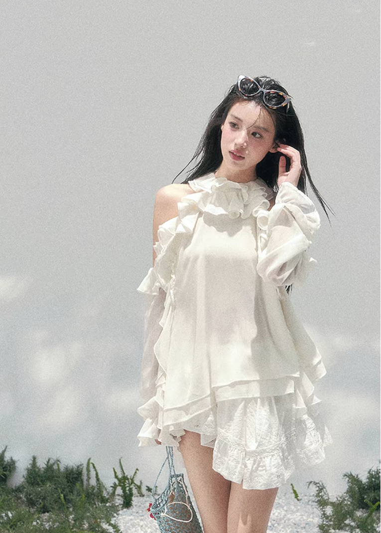 AOMALM sheer ruffle blouse, French romantic spring top, feminine off shoulder chiffon blouse, Korean elegant sheer shirt women, quiet luxury romantic outfit, Parisian inspired ruffle blouse, delicate fungus edge blouse women, romantic Korean French aesthetic clothing, lightweight spring sheer top, soft feminine translucent blouse, elegant airy chiffon shirt women, refined luxury womenswear blouse, romantic flowy spring fashion, delicate feminine long sleeve blouse, luxury Korean designer inspired top