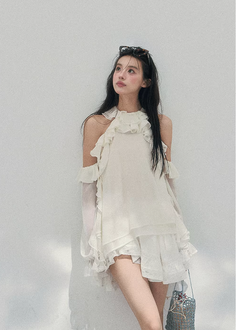 AOMALM sheer ruffle blouse, French romantic spring top, feminine off shoulder chiffon blouse, Korean elegant sheer shirt women, quiet luxury romantic outfit, Parisian inspired ruffle blouse, delicate fungus edge blouse women, romantic Korean French aesthetic clothing, lightweight spring sheer top, soft feminine translucent blouse, elegant airy chiffon shirt women, refined luxury womenswear blouse, romantic flowy spring fashion, delicate feminine long sleeve blouse, luxury Korean designer inspired top