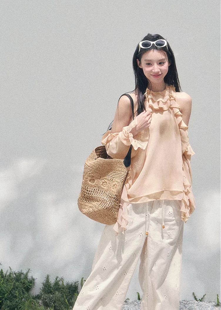 AOMALM sheer ruffle blouse, French romantic spring top, feminine off shoulder chiffon blouse, Korean elegant sheer shirt women, quiet luxury romantic outfit, Parisian inspired ruffle blouse, delicate fungus edge blouse women, romantic Korean French aesthetic clothing, lightweight spring sheer top, soft feminine translucent blouse, elegant airy chiffon shirt women, refined luxury womenswear blouse, romantic flowy spring fashion, delicate feminine long sleeve blouse, luxury Korean designer inspired top