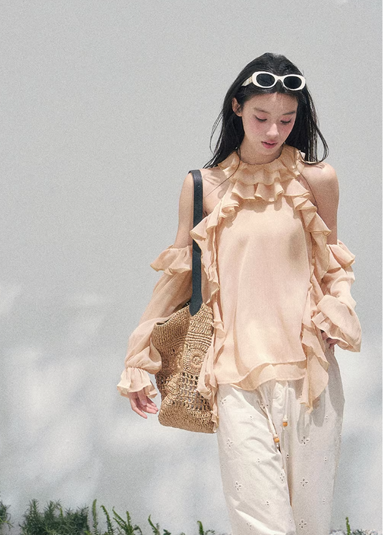 AOMALM sheer ruffle blouse, French romantic spring top, feminine off shoulder chiffon blouse, Korean elegant sheer shirt women, quiet luxury romantic outfit, Parisian inspired ruffle blouse, delicate fungus edge blouse women, romantic Korean French aesthetic clothing, lightweight spring sheer top, soft feminine translucent blouse, elegant airy chiffon shirt women, refined luxury womenswear blouse, romantic flowy spring fashion, delicate feminine long sleeve blouse, luxury Korean designer inspired top