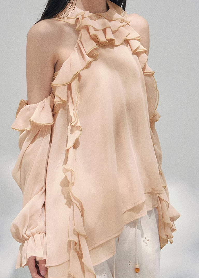 AOMALM sheer ruffle blouse, French romantic spring top, feminine off shoulder chiffon blouse, Korean elegant sheer shirt women, quiet luxury romantic outfit, Parisian inspired ruffle blouse, delicate fungus edge blouse women, romantic Korean French aesthetic clothing, lightweight spring sheer top, soft feminine translucent blouse, elegant airy chiffon shirt women, refined luxury womenswear blouse, romantic flowy spring fashion, delicate feminine long sleeve blouse, luxury Korean designer inspired top