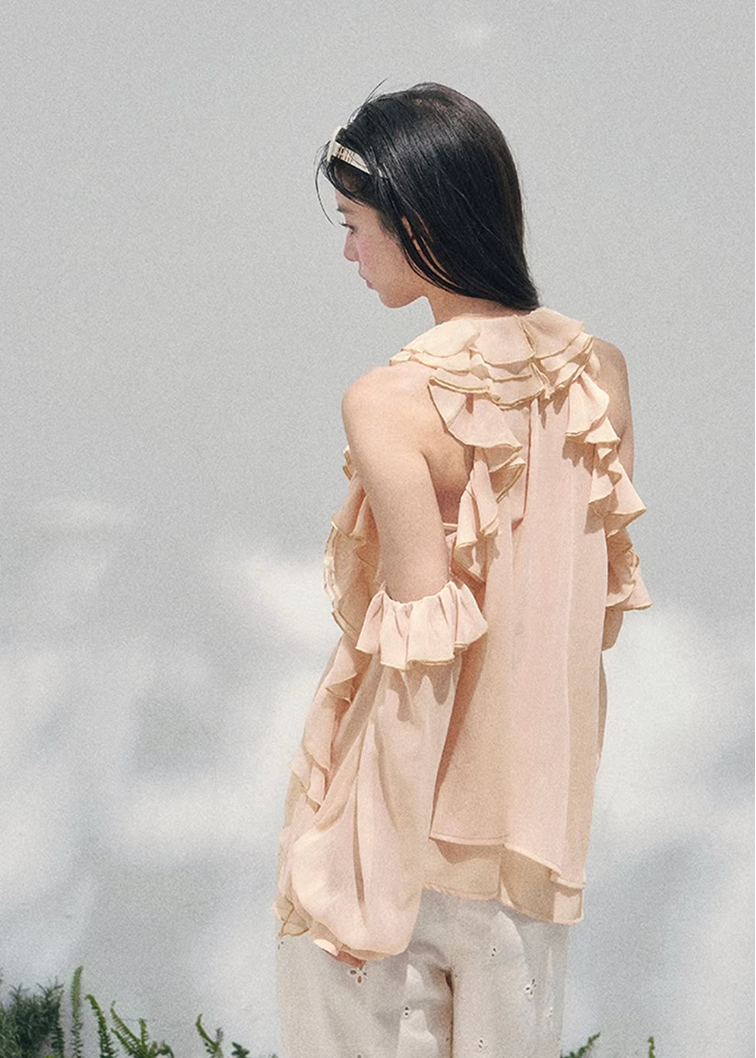 AOMALM sheer ruffle blouse, French romantic spring top, feminine off shoulder chiffon blouse, Korean elegant sheer shirt women, quiet luxury romantic outfit, Parisian inspired ruffle blouse, delicate fungus edge blouse women, romantic Korean French aesthetic clothing, lightweight spring sheer top, soft feminine translucent blouse, elegant airy chiffon shirt women, refined luxury womenswear blouse, romantic flowy spring fashion, delicate feminine long sleeve blouse, luxury Korean designer inspired top