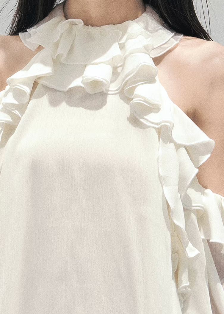 AOMALM sheer ruffle blouse, French romantic spring top, feminine off shoulder chiffon blouse, Korean elegant sheer shirt women, quiet luxury romantic outfit, Parisian inspired ruffle blouse, delicate fungus edge blouse women, romantic Korean French aesthetic clothing, lightweight spring sheer top, soft feminine translucent blouse, elegant airy chiffon shirt women, refined luxury womenswear blouse, romantic flowy spring fashion, delicate feminine long sleeve blouse, luxury Korean designer inspired top